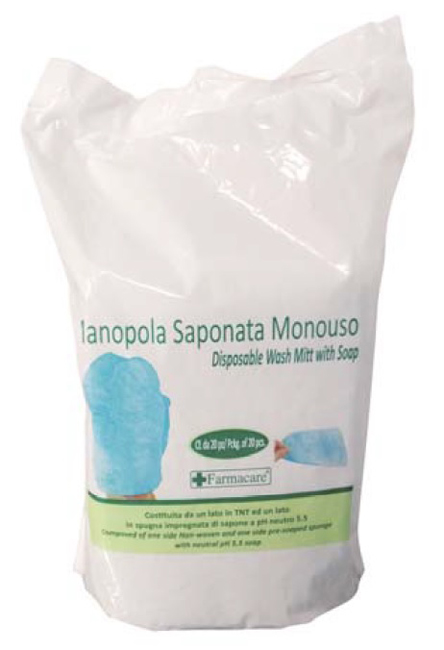 MANOPOLA MONOUSO PER LAVAGGI PARZIALI COMPOSTA DA UNA SPUGNA IN POLIESTERE SAPONATA E DA UN DRAPPO IN TESSUTO NON TESSUTO SENZA RISCIACQUO DETERGENTE A PH ISOCUTANEO - Metafarm