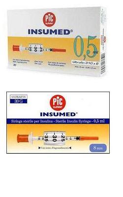 SIRINGA PER INSULINA PIC INSUMED 0,5 ML 100 UI AGO GAUGE 30 LUNGHEZZA 8 MM SENZA SPAZIO MORTO 3 SACCHETTI DA 10 PEZZI - Metafarm