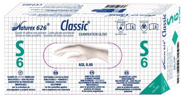 GUANTO IN LATTICE MONOUSO NON STERILE CON POLVERE NATUREX 626 CLASSIC MISURA SMALL 100 PEZZI - Metafarm