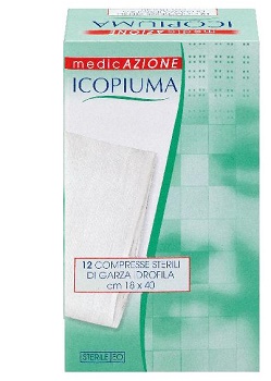 ICOPIUMA GARZA COMPRESSA IDROFILA IN COTONE PIEGATA STERILE SENZA FILO DI BARIO TITOLO 12/8 MISURA 18X40 CM IN BUSTA SINGOLA 12 PEZZI - Metafarm