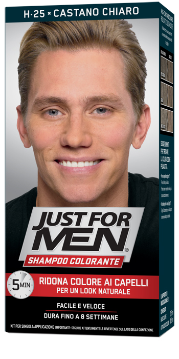 JUST FOR MEN SHAMPOO COLORANTE H25 CASTANO CHIARO ATTIVATORE CHIARO 38,5 ML + BASE COLORE 27,5 ML - Metafarm