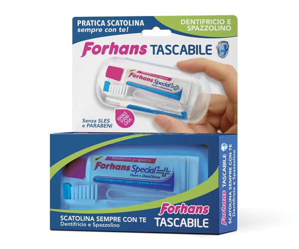 FORHANS TRAVEL KIT TASCABILE COMPOSTO DA SPAZZOLINO DA VIAGGIO + FORHANS SPECIAL PASTA DENTIFRICIA TUBETTO 12,5 ML - Metafarm