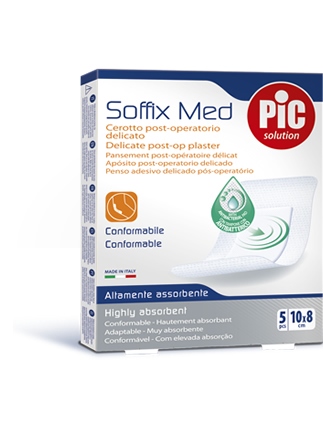 CEROTTO PIC SOFFIX MED IN TNT CON TAMPONE CENTRALE ASSORBENTE STERILE MONOUSO 10X8 CM ANTIBATTERICO 5 PEZZI - Metafarm