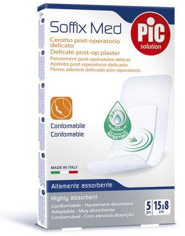 CEROTTO PIC SOFFIX MED IN TNT CON TAMPONE CENTRALE ASSORBENTE STERILE MONOUSO 15X8 CM ANTIBATTERICO 5 PEZZI - Metafarm