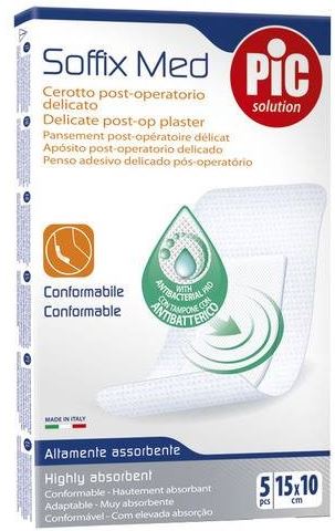 CEROTTO PIC SOFFIX MED IN TNT CON TAMPONE CENTRALE ASSORBENTE STERILE MONOUSO 10X15 CM ANTIBATTERICO 5 PEZZI - Metafarm