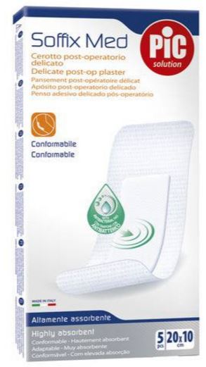 CEROTTO PIC SOFFIX MED IN TNT CON TAMPONE CENTRALE ASSORBENTE STERILE MONOUSO 10X20 CM ANTIBATTERICO 5 PEZZI - Metafarm