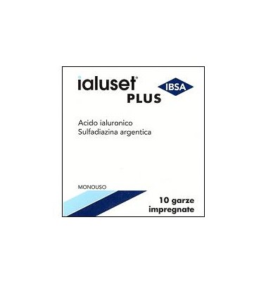 GARZA IALUSET PLUS IMPREGNATA DI CREMA DI ACIDO IALURONICO 0,05%, DI SULFADIAZINA ARGENTICA 1%, MACROGOL, GLICEROLO E ACQUA 10 X 10 CM 10 PEZZI - Metafarm