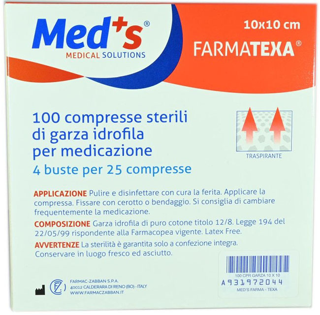 GARZA COMPRESSA IDROFILA MEDS FARMATEXA 2/8 10X10CM 100 PEZZI - Metafarm