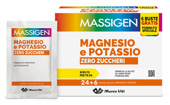 MASSIGEN MAGNESIO POTASSIO ZERO ZUCCHERO 24 BUSTINE + 6 BUSTINE - Metafarm