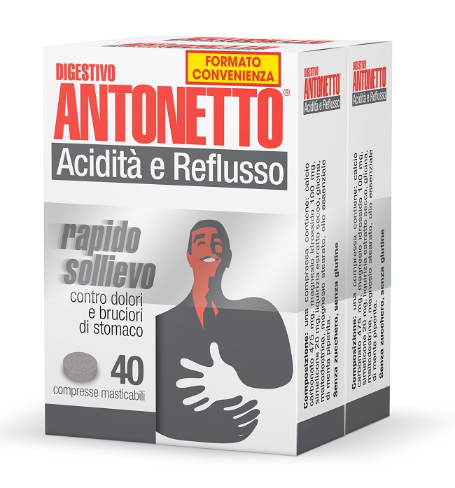 DIGESTIVO ANTONETTO ACIDITA' E REFLUSSO 80 COMPRESSE MASTICABILI 2 ASTUCCI DA 40 COMPRESSE - Metafarm