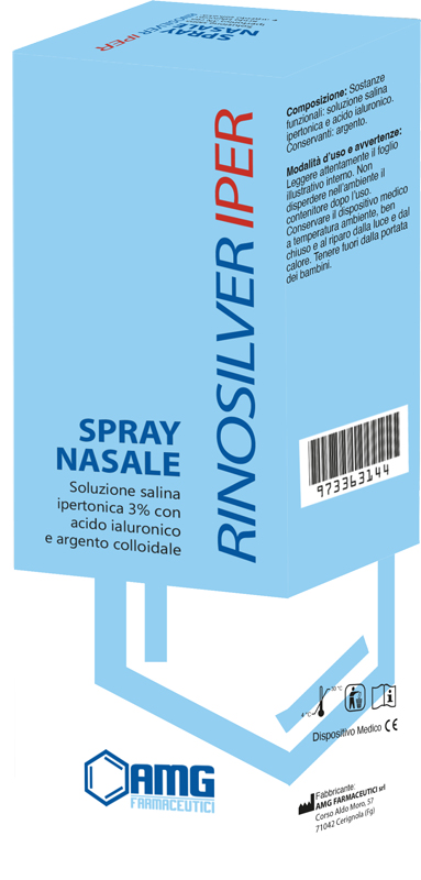 RINOSILVER SOLUZIONE SALINA IPERTONICA 3% CON ACIDO IALURONICO E ARGENTO COLLOIDALE SPRAY NASALE 20 ML - Metafarm
