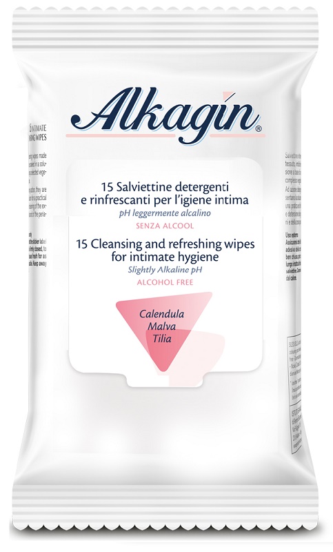 ALKAGIN SALVIETTINE DETERGENTI E RINFRESCANTI PER L'IGIENE INTIMA PH LEGGERMENTE ALCALINO SENZA ALCOOL 15 PEZZI CALENDULA MALVA E TILIA - Metafarm
