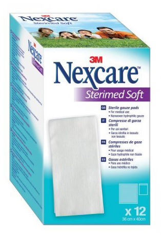 GARZA COMPRESSA STERILE NEXCARE STERIMED SOFT 18X40 CM MUL TILINGUAL 12 PEZZI - Metafarm