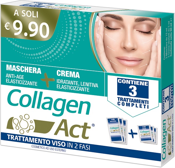 COLLAGEN ACT TRATTAMENTO VISO 2 FASI MASCHERA ANTI AGE ELASTICIZZANTE 3 PEZZI DA 15 ML + CREMA IDRATANTE LENITIVA ELASTICIZZANTE 3 PEZZI DA 5 ML - Metafarm