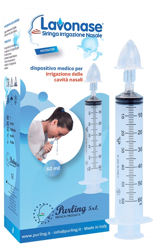 LAVONASE IRRIGAZIONE NASALE NON STERILE SIRINGA 60 ML + LUER-LOCK CON CAPPUCCIO + UGELLO NASALE CON RACCORDO LUER-LOCK + PERFORATORE CON VALVOLA NON RITORNO CON TAPPO - Metafarm