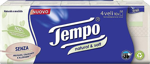 TEMPO FAZZOLETTI NATURAL&SOFT 10 PEZZI DA 9 FAZZOLETTI - Metafarm
