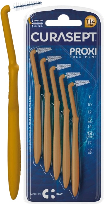 SCOVOLINO CURASEPT PROXI ANGLE MISURA T14 CONICO ISO 4 COLORE OCRA DIAMETRO 1,4 MM 5 PEZZI - Metafarm
