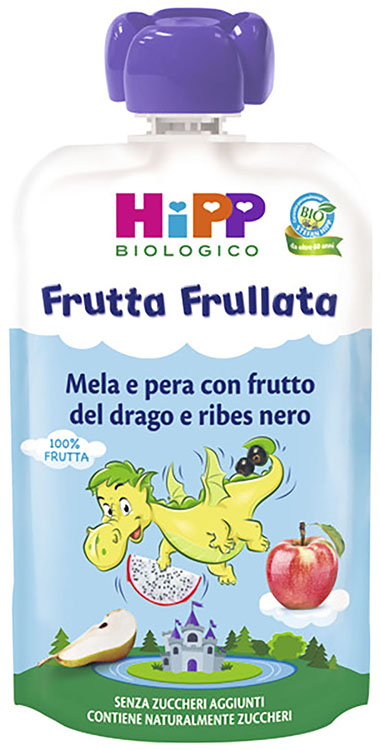 HIPP BIO FRUTTA FRULLATA DRAGONE MELA PERA FRUTTA DEL DRAGO RIBES NERO 90 G - Metafarm