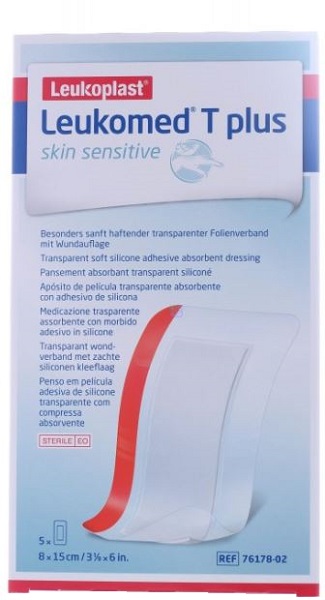 LEUKOMED T PLUS SKIN SENSITIVE MEDICAZIONE POST-OPERATORIA TRASPARENTE IMPERMEABILE CON MASSA ADESIVA AL SILICONE 8X15CM 5 PEZZI - Metafarm