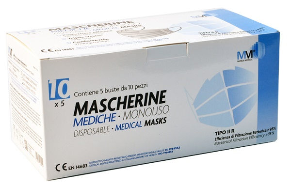 MASCHERINA CHIRURGICA MUNUS MEDICAL TIPO IIR 5 BUSTE DA 10 PEZZI - Metafarm