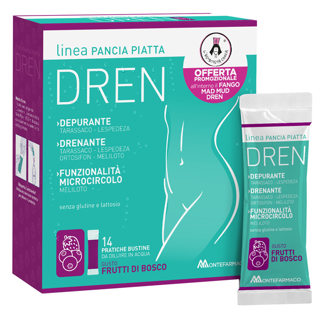 PANCIA PIATTA DREN FRUTTI DI BOSCO 14 BUSTINE STICK PACK + FANGO ATTIVO CELLULITE 100 ML OMAGGIO - Metafarm