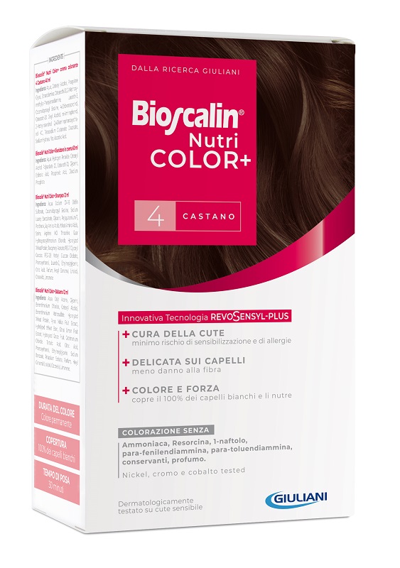 BIOSCALIN NUTRICOLOR PLUS 4 CASTANO CREMA COLORANTE 40 ML + RIVELATORE CREMA 60 ML + SHAMPOO 12 ML + TRATTAMENTO FINALE BALSAMO 12 ML - Metafarm