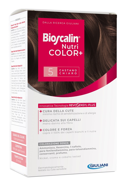 BIOSCALIN NUTRICOLOR PLUS 5 CASTANO CHIARO CREMA COLORANTE 40 ML + RIVELATORE CREMA 60 ML + SHAMPOO 12 ML + TRATTAMENTO FINALE BALSAMO 12 ML - Metafarm