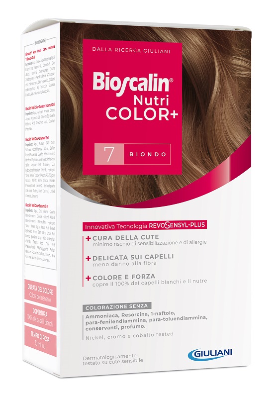 BIOSCALIN NUTRICOLOR PLUS 7 BIONDO CREMA COLORANTE 40 ML + RIVELATORE CREMA 60 ML + SHAMPOO 12 ML + TRATTAMENTO FINALE BALSAMO 12 ML - Metafarm