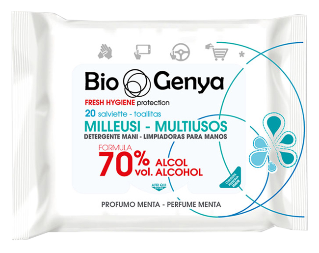 BIOGENYA MILLEUSI IGIENIZZANTI 70% ALCOOL SALVIETTE 20 PEZZI - Metafarm