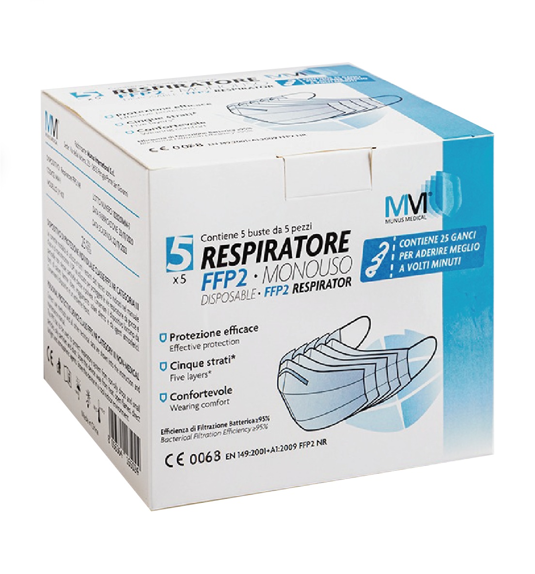 MUNUS MED RESPIRATORE FFP2 CLASSE III + GANCIO ADATTATORE 5 BUSTE DA 5 PEZZI - Metafarm