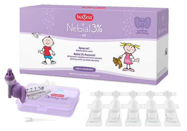 NEBIAL 3% KIT 20 FLACONCINI MONODOSE 5ML SOLUZIONE IPERTONICA CON ACIDO IALURONICO + NEBULIZZATORE SPRAY-SOL - Metafarm